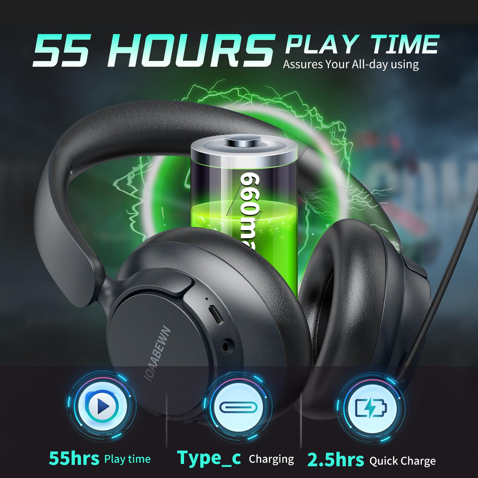Wireless Gaming Headset for PS5, PS4, PC - 55H Battery Life, Bluetooth 5.3, Noise-Cancelling Mic, 2.4GHz USB Dongle - Compatible with Nintendo Switch - Black - Perfect for Competitive Gaming & Late-Night Sessions
