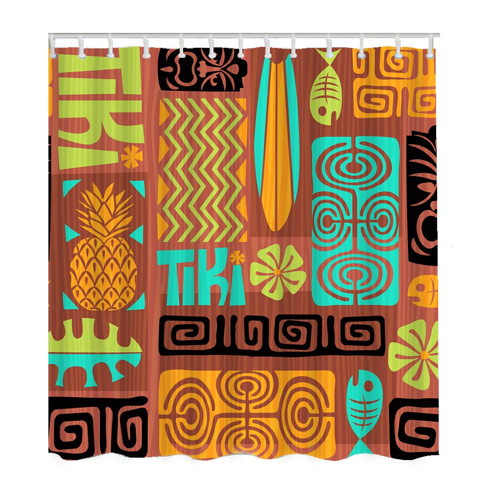 Exotic Tiki Shower Curtain - Pineapple Fish Flower Totem Brown Hawaiian Bathroom Decor Set with 12 Hooks, 72x72 Inch - Perfect for Tropical Themed Bathrooms, Beach Houses, and Vacation Rentals