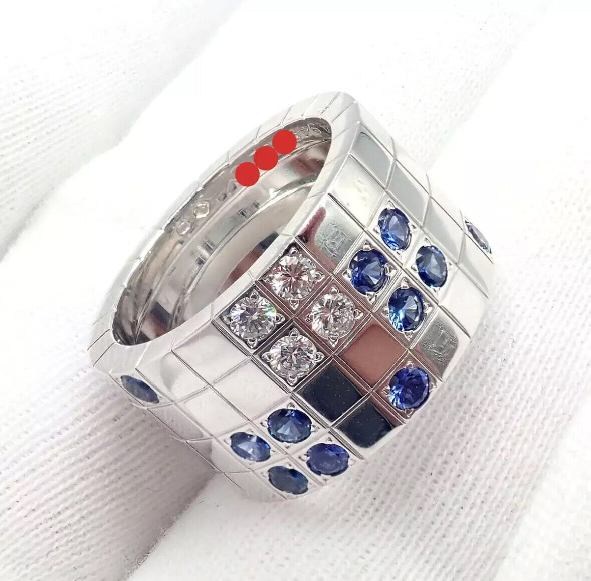 Cartier 18k White Gold Lanieres Diamond & Blue Sapphire Wide Band Ring - Size 6.5 (US 53) - Luxury Wedding Band, Anniversary Gift for Her, Elegant Jewelry for Special Occasions