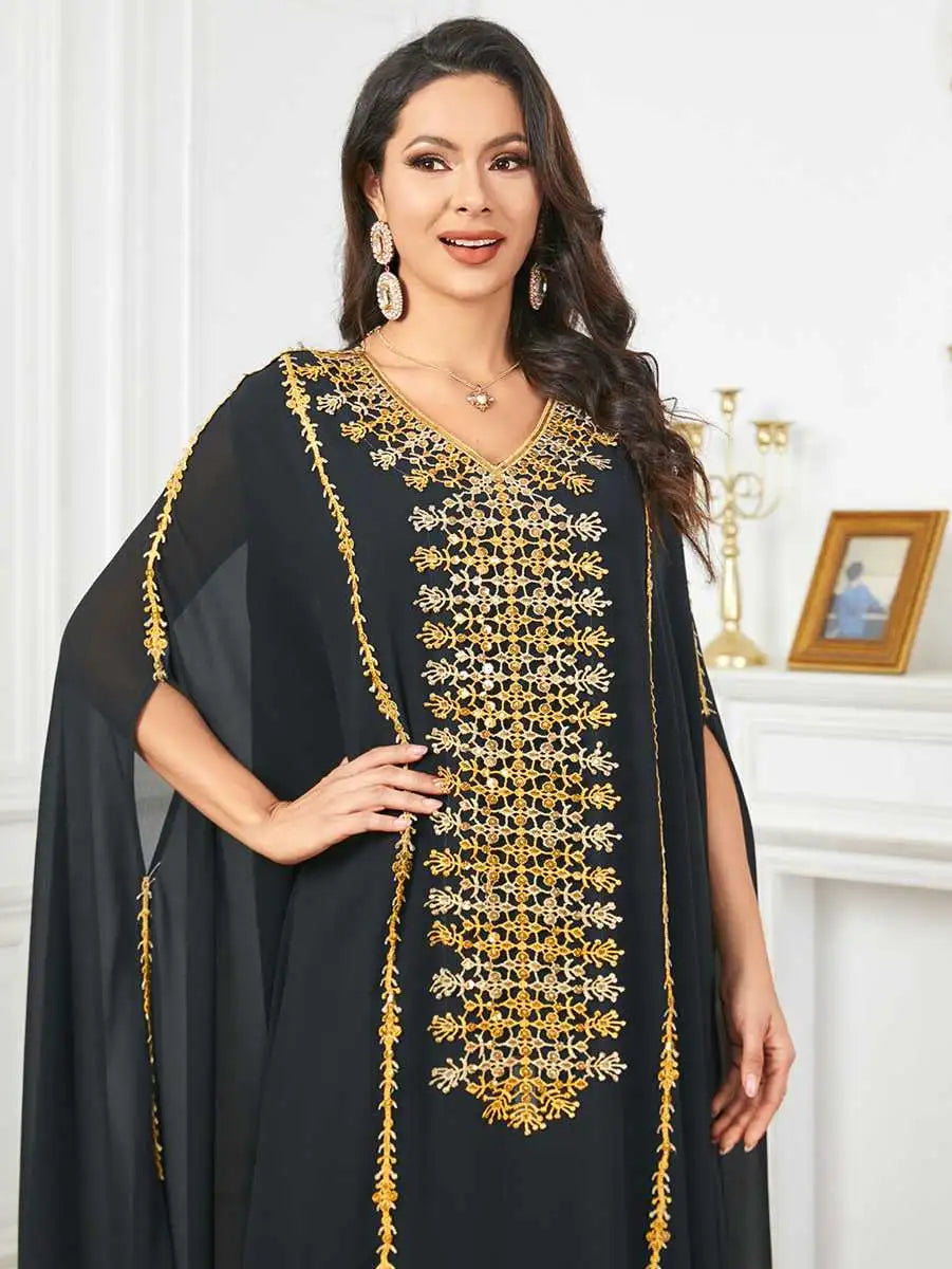Elegant Eid Caftan Dress for Muslim Women - Flowy Chiffon Embroidery Maxi Dress - Perfect for Eid Celebrations, Weddings & Special Occasions