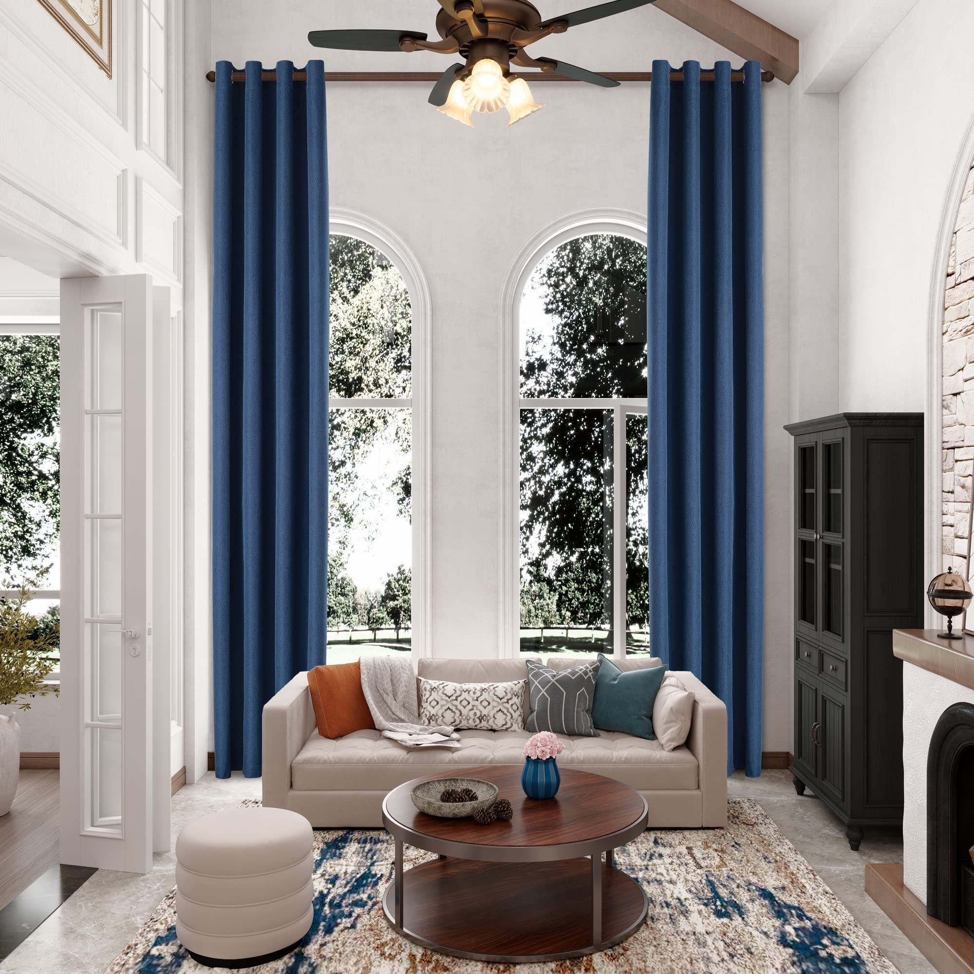 MAIHER 144-Inch Blackout Thermal Insulated Curtains with Grommets - 1 Panel Faux Linen Drapes for Tall Windows in Living Room & Bedroom (Denim Blue, 50