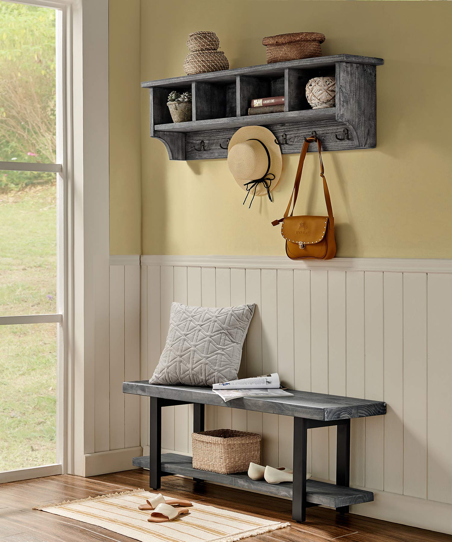 Pomona 48-inch Rustic Solid Wood Coat Rack with 6 Heavy-Duty Hooks, 4 Storage Cubbies & French Cleat Hanging System - Slate Gray Entryway Organizer for Coats, Hats & Bags | Perfect for Hallway, Mudroom & Home Storage