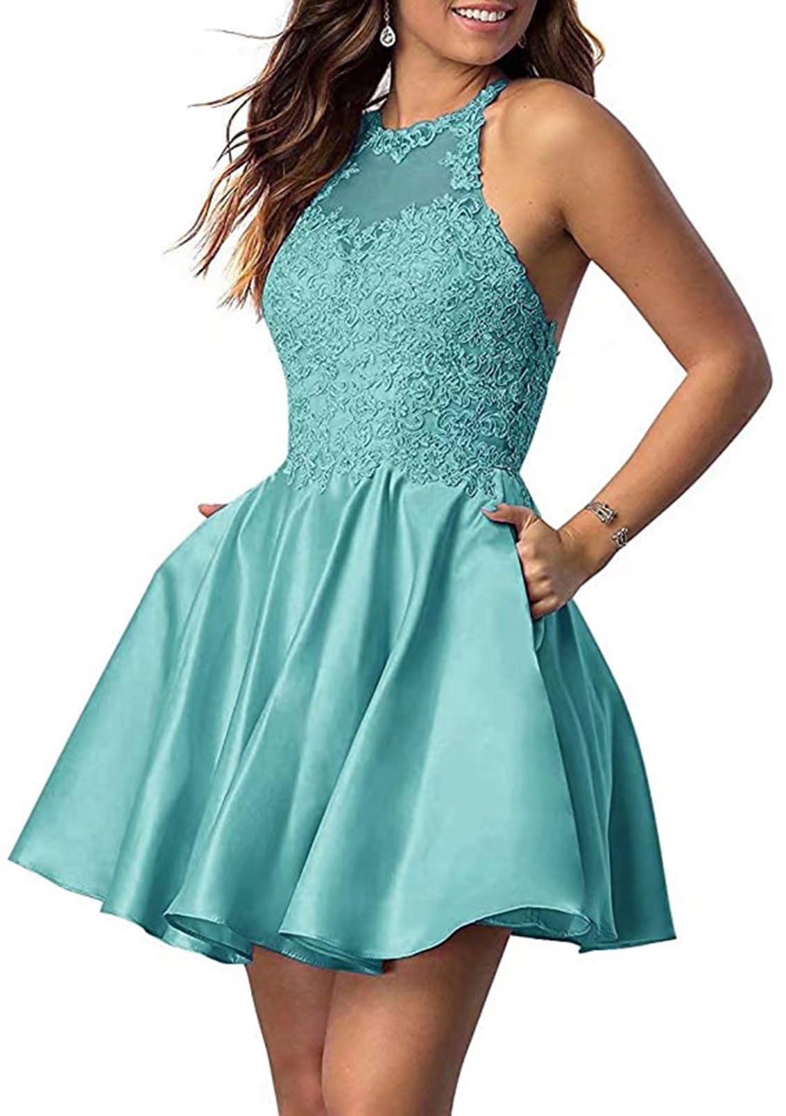 Elegant Satin Halter Cocktail Dress with Lace Applique & Pockets | Women's Short Prom & Homecoming Dress for Teens | Perfect for Parties, Dances & Special Occasions