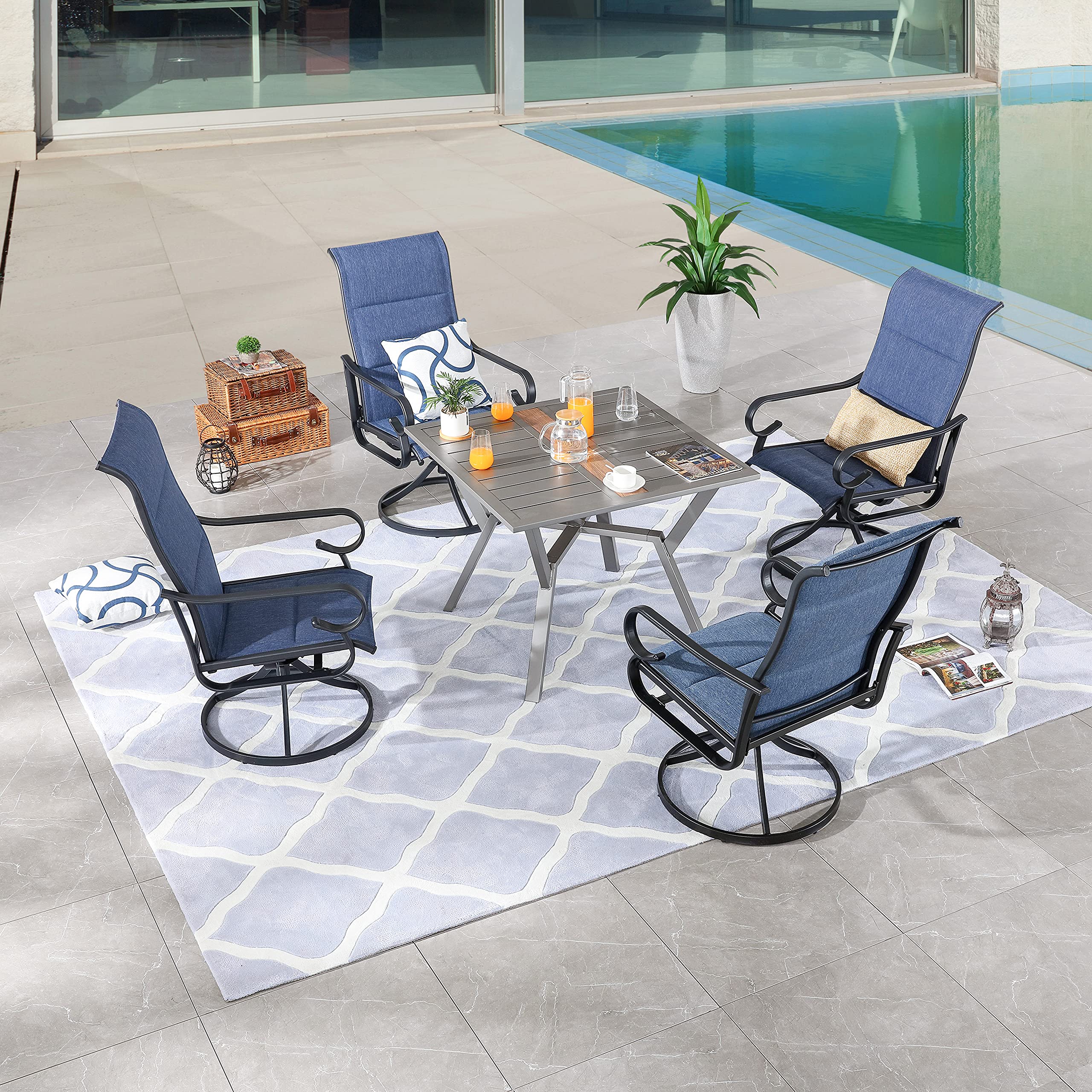 LOKATSE HOME 4-Piece Metal Swivel Outdoor Patio Dining Set - Textilene Chairs, Bistro Style, Blue - Perfect for Backyard, Garden, Poolside & Restaurant Use