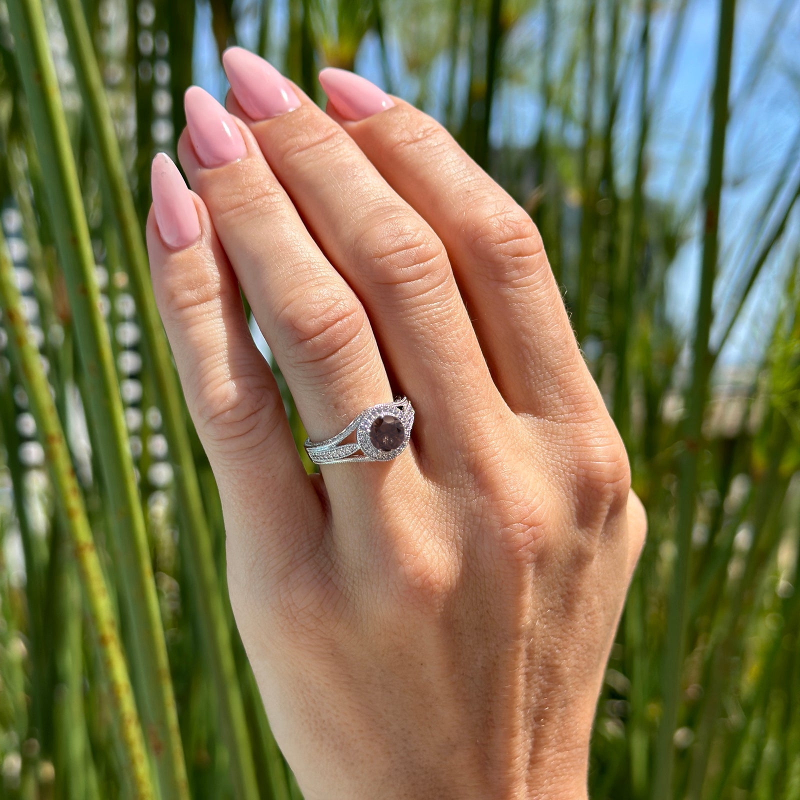 14K Yellow Gold Art Deco Round Halo Split Shank Natural Chocolate Smoky Quartz Engagement Ring - Perfect for Bridal, Wedding, Anniversary & Special Occasion Gifts