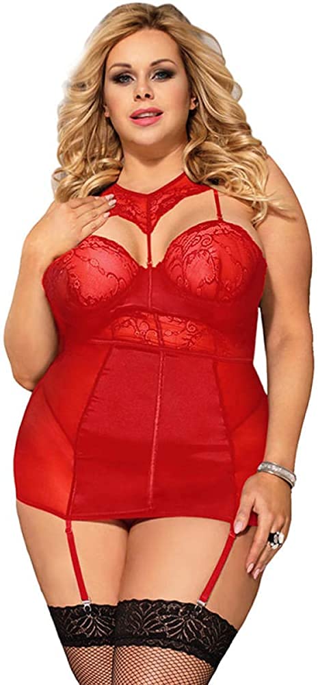 Sexy Lingerie Set for Women - Lace Satin Transparent Hollow Out Sleeveless Sleepwear (Red, Size S/M/L) - Perfect for Valentine's Day, Honeymoon & Romantic Nights