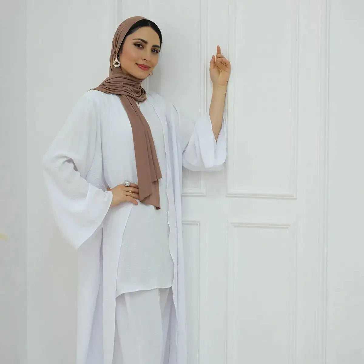 3-Piece Sleeveless Top & Pant Suit with Open Abaya Dress for Muslim Women - Modest Islamic Fashion for Prayer, Eid, Wedding & Special Occasions