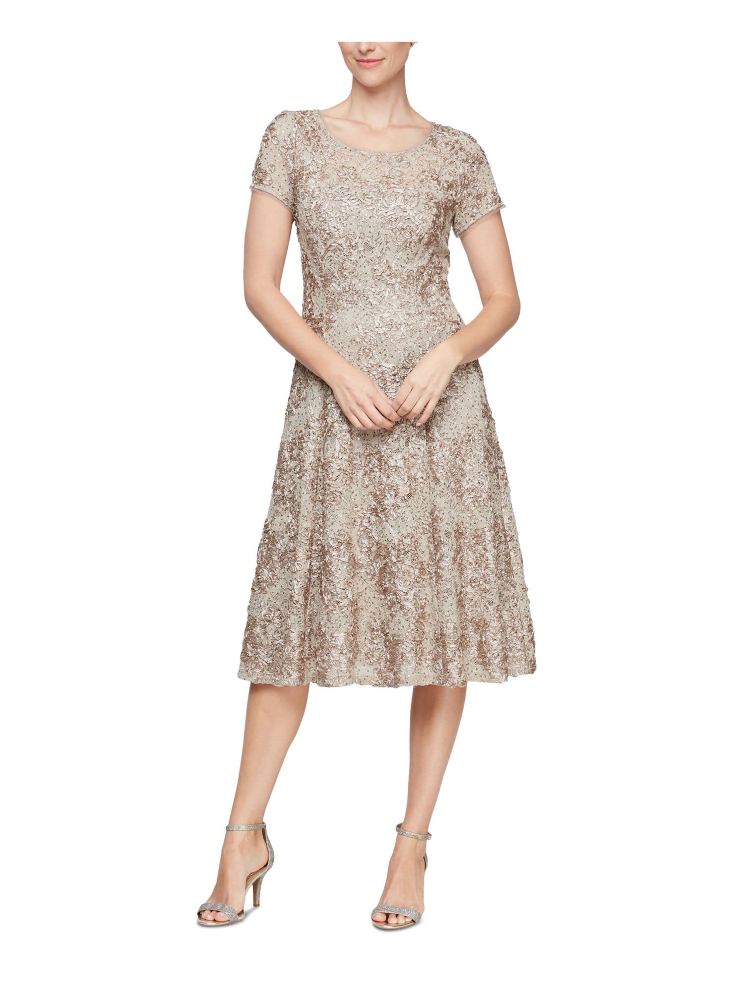 S.L. Fashions Women's Short Sleeve Tea Length Fit and Flare Dress for Petite Missy - Perfect for Summer Weddings, Garden Parties & Office Wear
