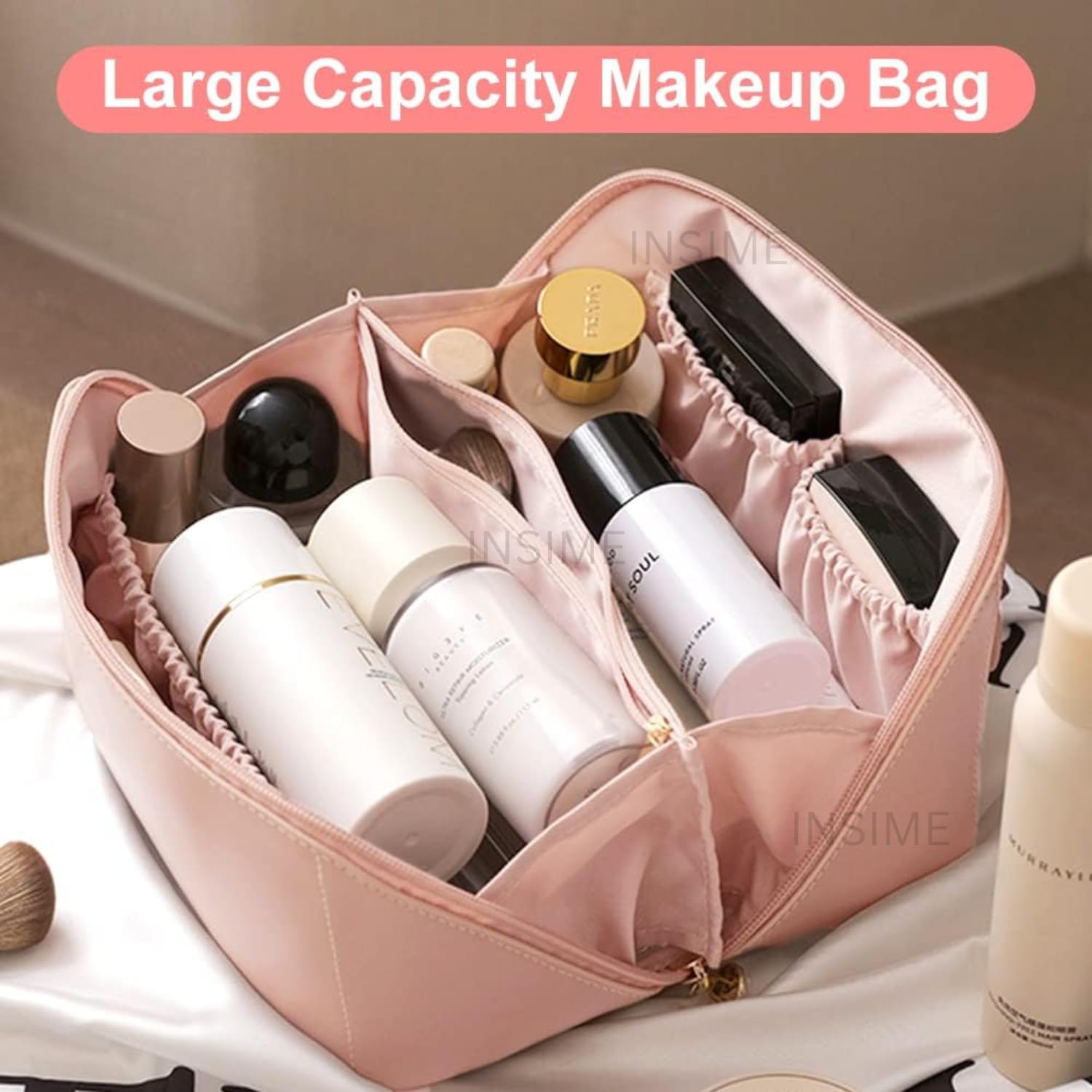 INSIME Large Travel Makeup Organizer Cosmetic Bag for Women - PU Leather Portable Makeup Pouch | Waterproof Cosmetic Case for Toiletries & Beauty Essentials | Perfect for Travel, Gym, and Daily Use
