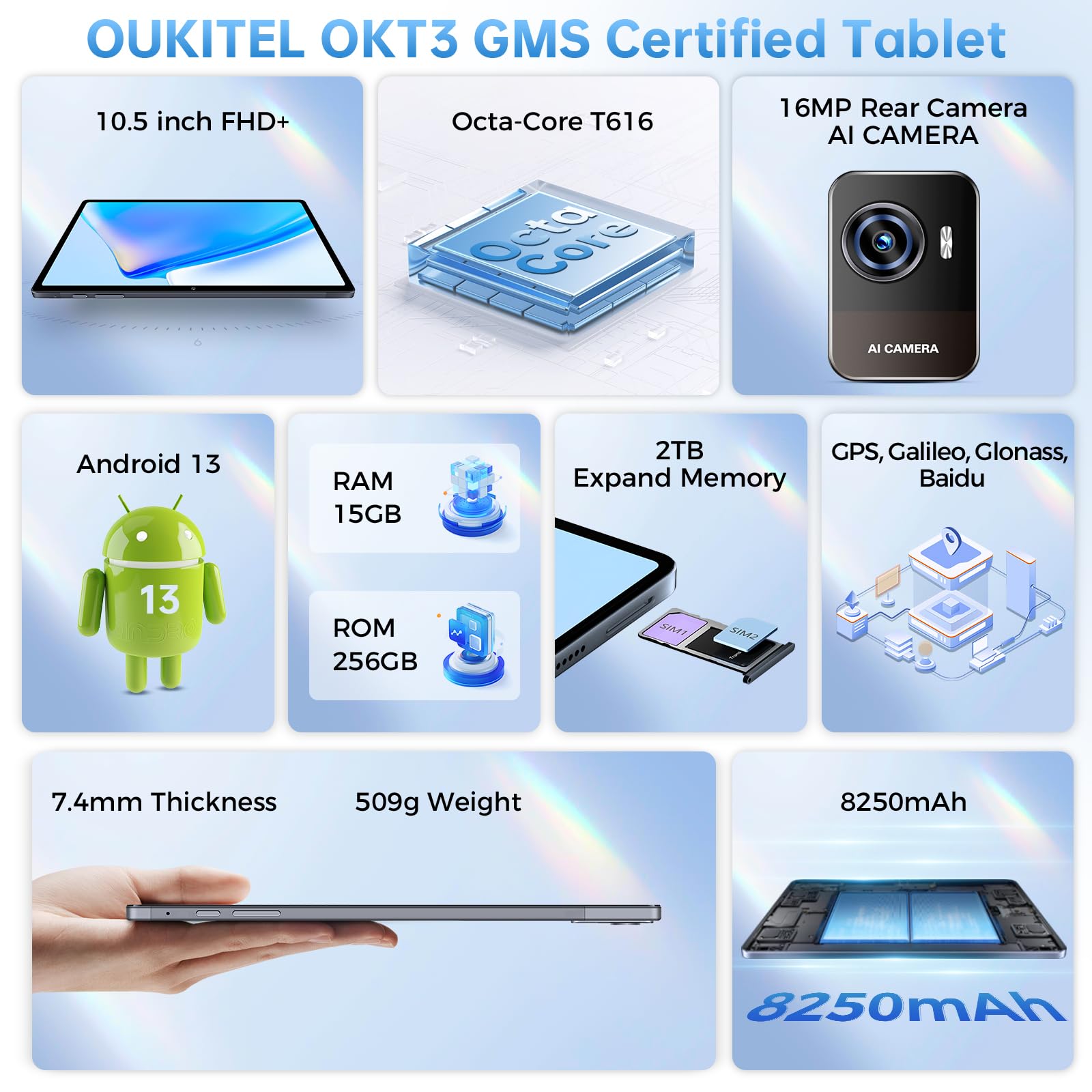 OUKITEL OKT3 Android 13 Tablet 10.51 Inch 15GB+256GB (Expandable to 2TB) - 8250mAh Battery, 5G WiFi, BT5.0, 1200x1920 FHD, 16MP+8MP Cameras, Dual 4G, Gaming Tablet with OTG, Face ID, GPS - Gray | Perfect for Work, Study, Streaming & Mobile Gaming