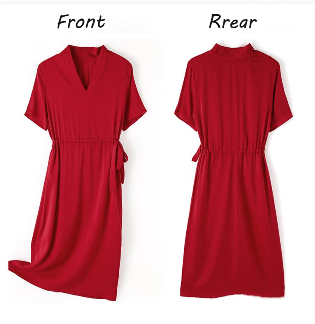 Luxury Heavy Natural Silk Women's Dress - Solid Color Long Sleeve V-Neck Lace-Up Waist Closure Formal Gown for Evening Parties, Weddings & Special Occasions