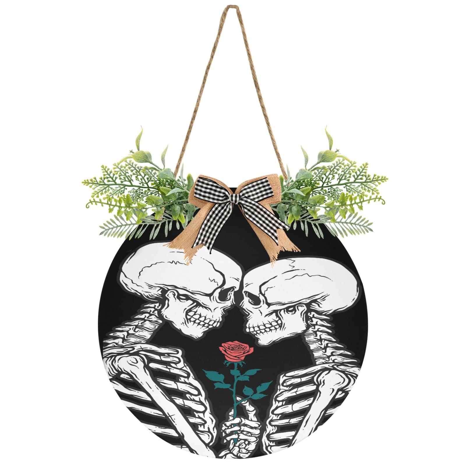 Spooky Skeleton Door Sign with Love Rose - Halloween Wreath Decor for Front Porch, Outdoor Hanging Welcome Sign | Perfect for Halloween Party Decorations, Haunted House Entryway & Seasonal Home Decor