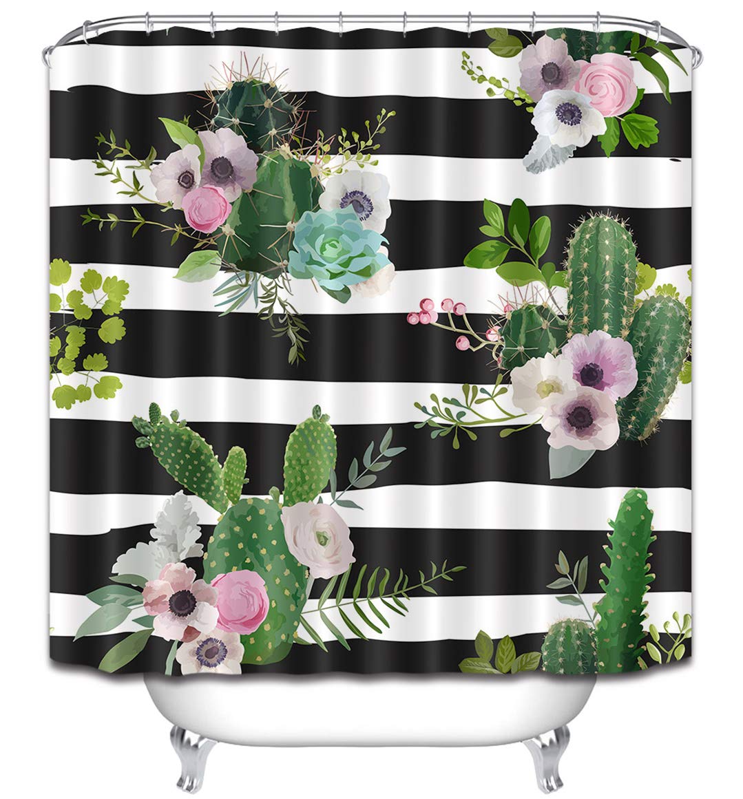 LB Tropical Cactus Shower Curtain - Black & White Striped Bathroom Decor with Green Succulent Plants & Flowers - 72x72 Inch Waterproof Fabric Shower Curtain Set with Hooks - Perfect for Beach House, Boho Bathroom or Tropical Themed Decor