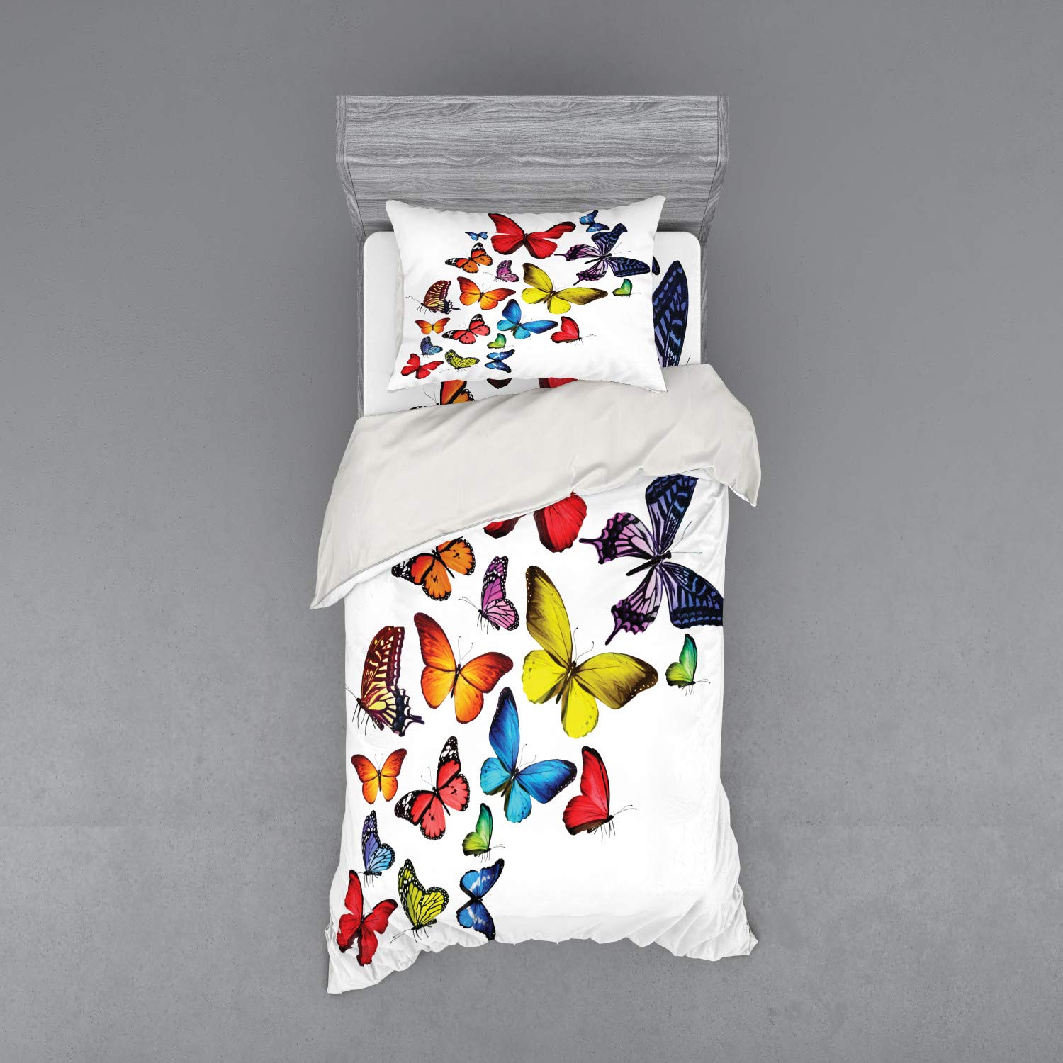 Ambesonne 3-Piece Butterflies Duvet Cover Set - Twin XL Size, Vibrant Multicolor Butterfly & Wildflower Design with Sham & Fitted Sheet - Perfect for Bedroom Decor, Guest Room, Dorm Room, and Romantic Retreats