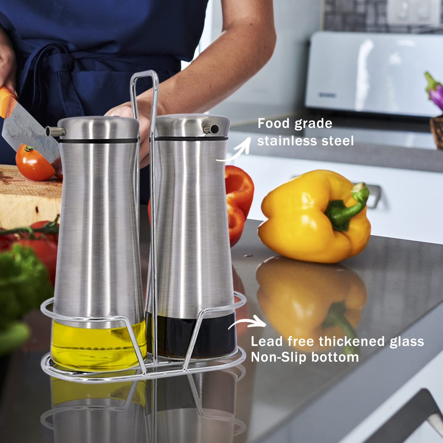 Premium Oil and Vinegar Dispenser Set with Caddy - 2 Pack No-Drip Glass Bottles for Kitchen, Home, Restaurants & Weddings - Perfect for Salad Dressing, Cooking Oil & Balsamic Vinegar