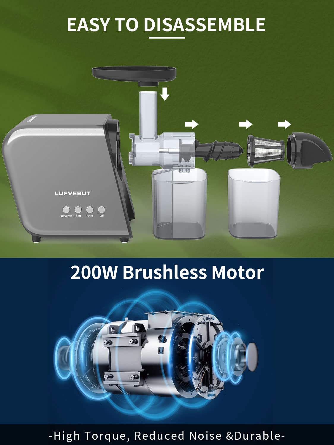 Premium Cold Press Slow Juicer Machine for Leafy Greens, Fruits & Vegetables - Quiet Masticating Juicer with Easy Clean BPA-Free Design, Dishwasher Safe - Perfect for Healthy Juicing, Detox, and Weight Loss at Home