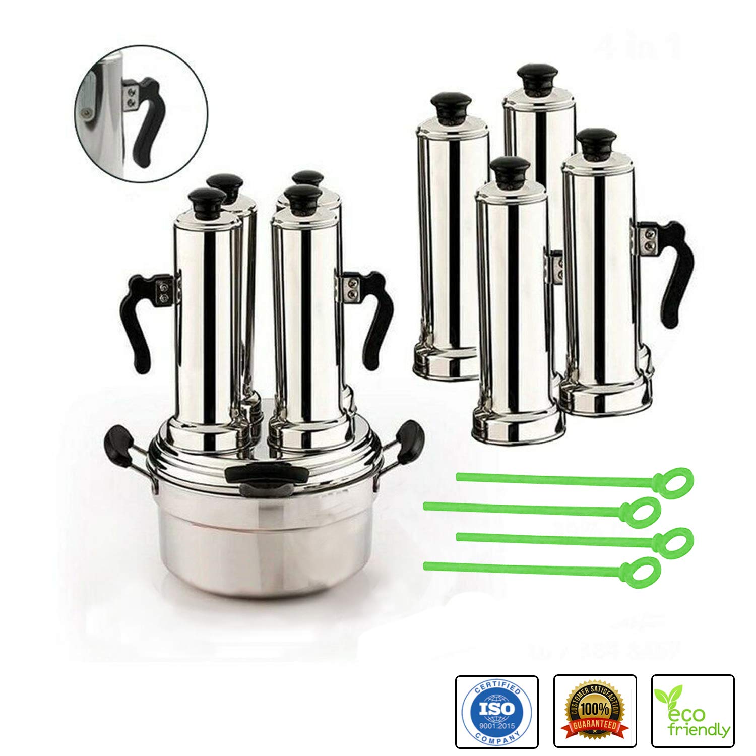 Premium 4-in-1 Stainless Steel Puttu Maker Set - Includes Puttu Kudam, Steamer Plate, Puttu Vessel & Pressure Cooker - Authentic Indian Puttu Making Kit (Silver) | Perfect for Traditional Kerala Breakfast & South Indian Cooking