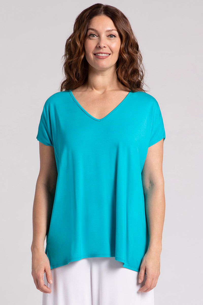 Bamboo V-Neck Slit Sleeve Blouse in Turquoise - Breathable & Stylish Women's Summer Top for Casual Wear & Beach Outfits