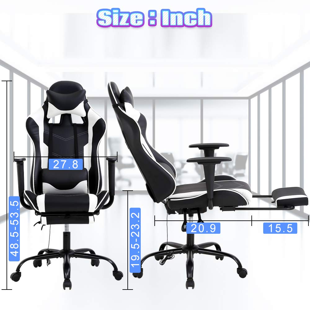 Premium Ergonomic PC Gaming Chair with Lumbar Support & Massage Function - Adjustable Racing Office Chair with Headrest & Footrest for Home & Work - White - Perfect for Long Gaming Sessions & Office Work