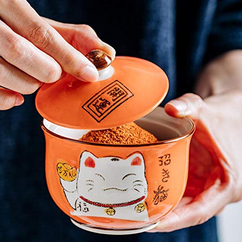 Japanese Maneki Neko Lucky Cat Ceramic Sugar Salt Pepper Storage Jar with Lid and Spoon - Cute Kitchen Seasoning Container for Home, Restaurant & Office Use