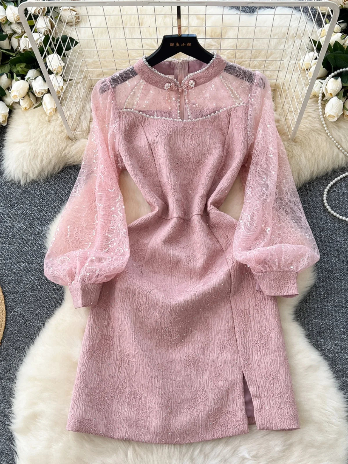 Elegant Chinese Style Retro Long Sleeve Sequin Lace Party Dress for Women - Pink Patchwork Short Evening Gown for Autumn 2024 | Perfect for Cocktail Parties, Weddings & Special Occasions
