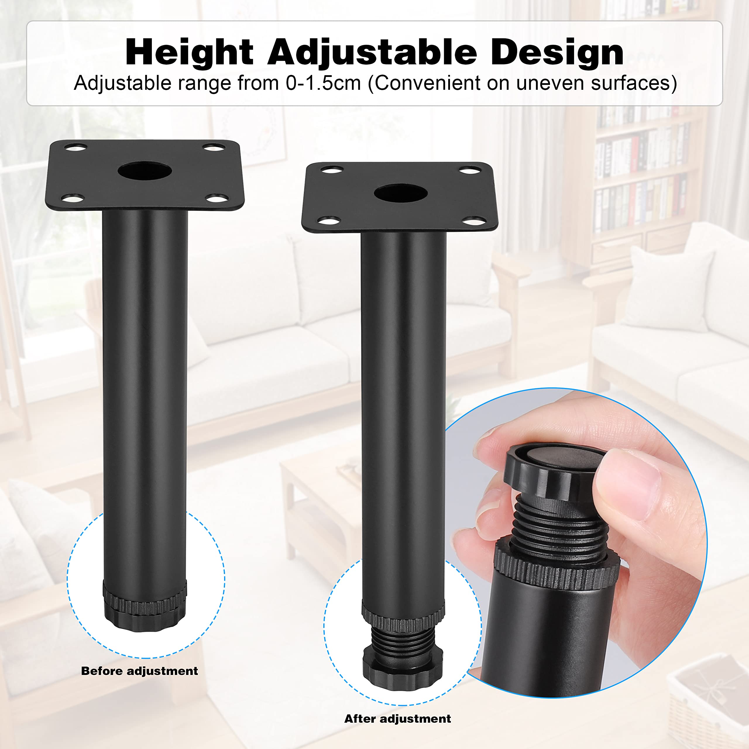 4Pcs 15cm Black Adjustable Furniture Legs with 16 Screws - Metal Leveling Cabinet Feet for DIY Sofa, Table, Chair, Desk & Kitchen Cupboard - Perfect for Home Office, Living Room & Kitchen Furniture Support