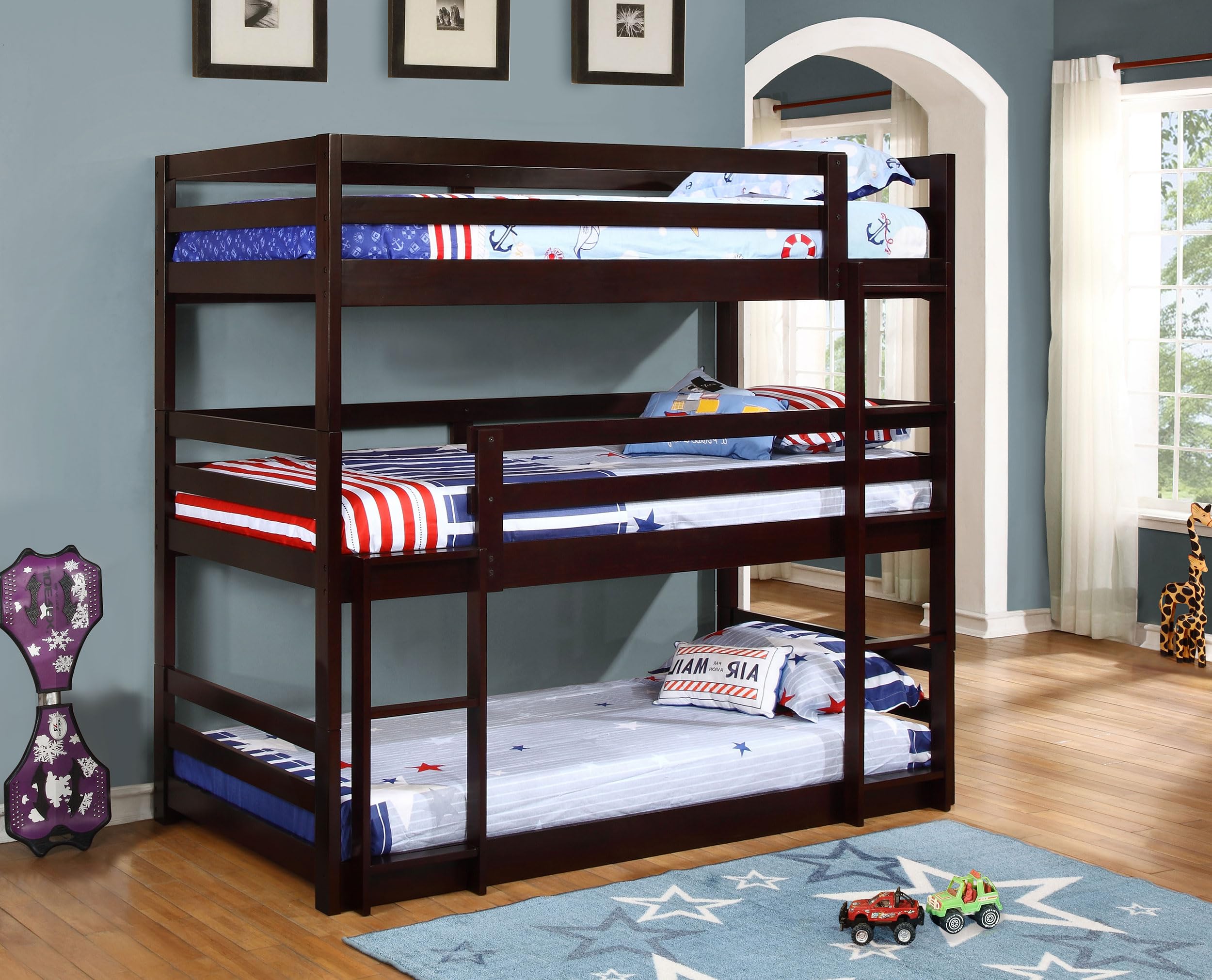 Coaster Home Furnishings Triple Bunk Bed Frame - Twin Over Twin Over Twin Size, Wood Construction with Ladder & Guardrails, Cappuccino Finish - Perfect for Kids' Bedrooms, Dorms, and Space-Saving Home Solutions