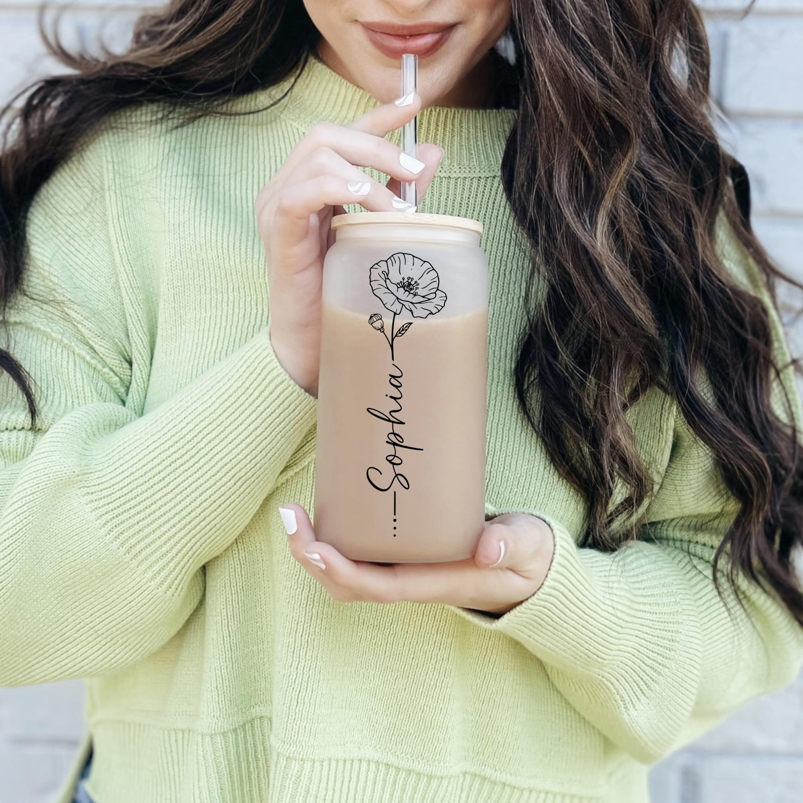 Custom Birth Month Flower Glass Tumbler with Name - Personalized Travel Cup with Lid & Straw - Unique Bridesmaid Proposal Gift - Birthday Present for Women, Mom - Perfect for Coffee, Tea & On-the-Go Hydration