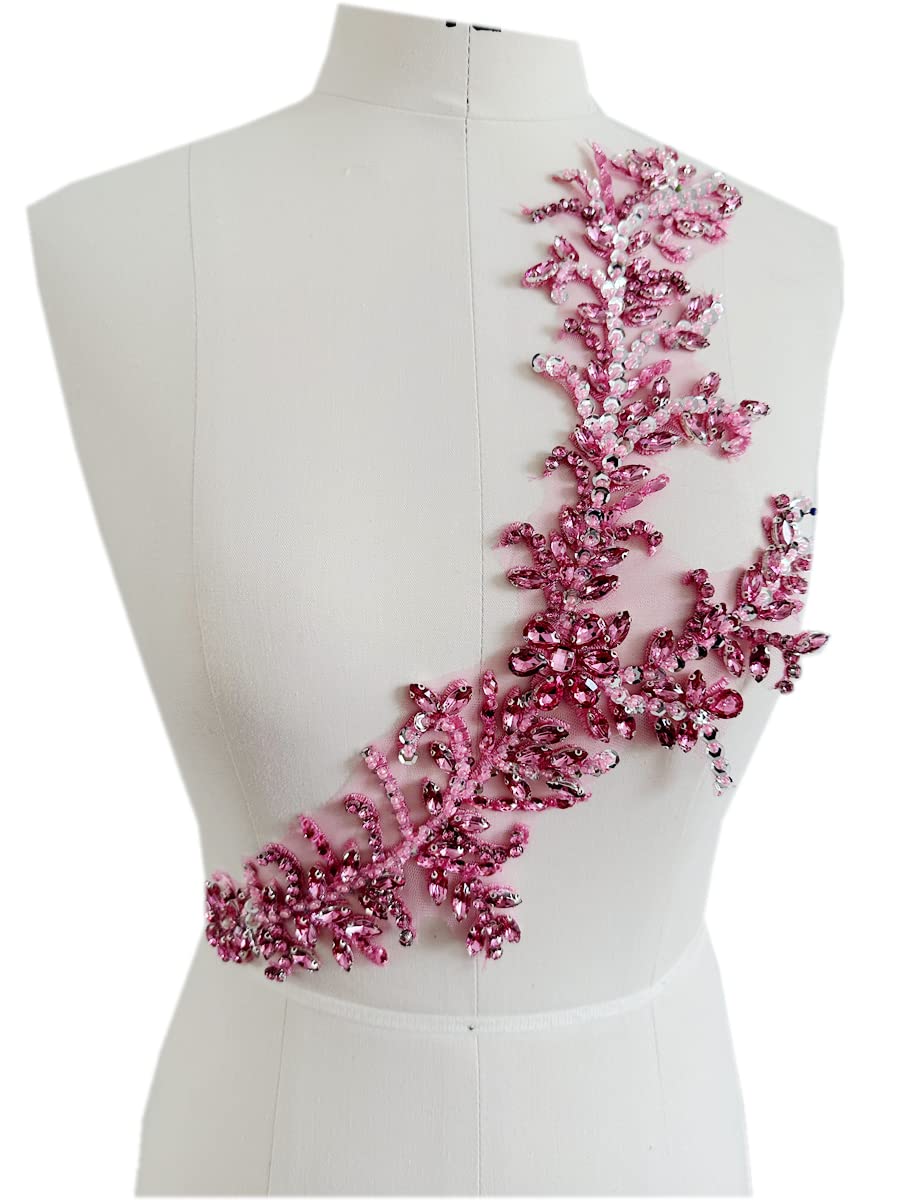 Handmade Rhinestone Lace Trim Patches with Beads Applique for DIY Dress Accessories - Perfect for Wedding, Prom, Costume & Home Decor (Pink)