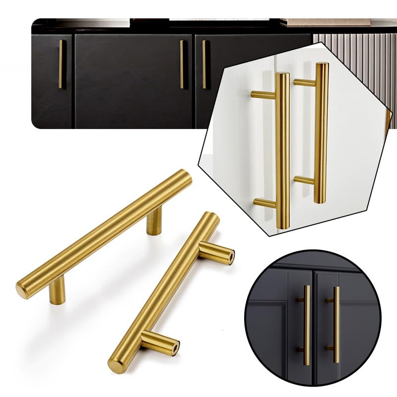 25 Pack 6 Inch Stainless Steel Cabinet Pulls - Brushed Brass Drawer Handles for Kitchen, Dresser & Cupboard - 3.5