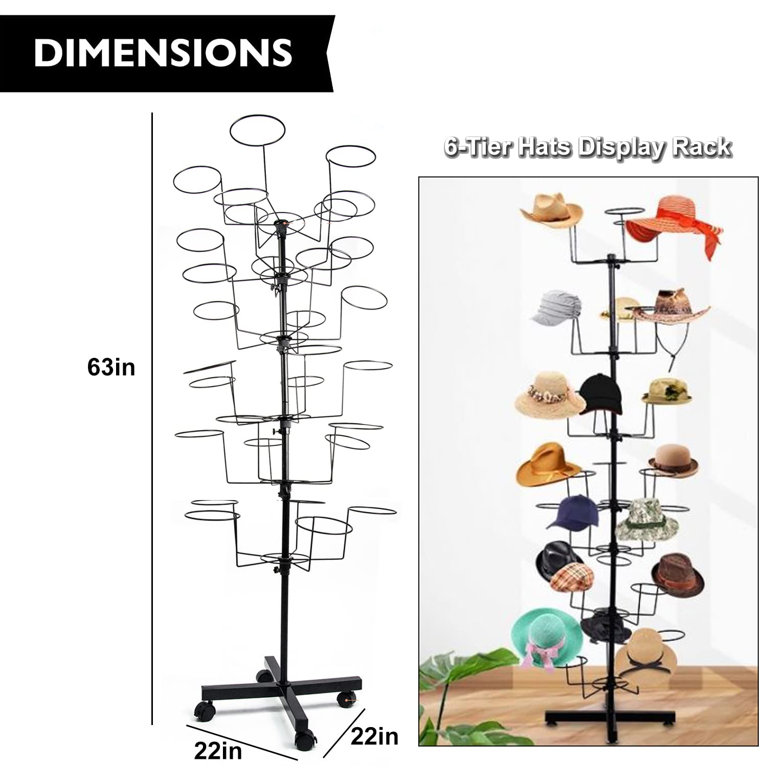 6-Tier Rotating Hat Display Rack with 30 Adjustable Hooks - Free Standing Metal Hat Hanger Stand with Wheels for Retail Stores, Wig Caps & Baseball Caps | Perfect for Hat Shops, Department Stores & Boutique Displays