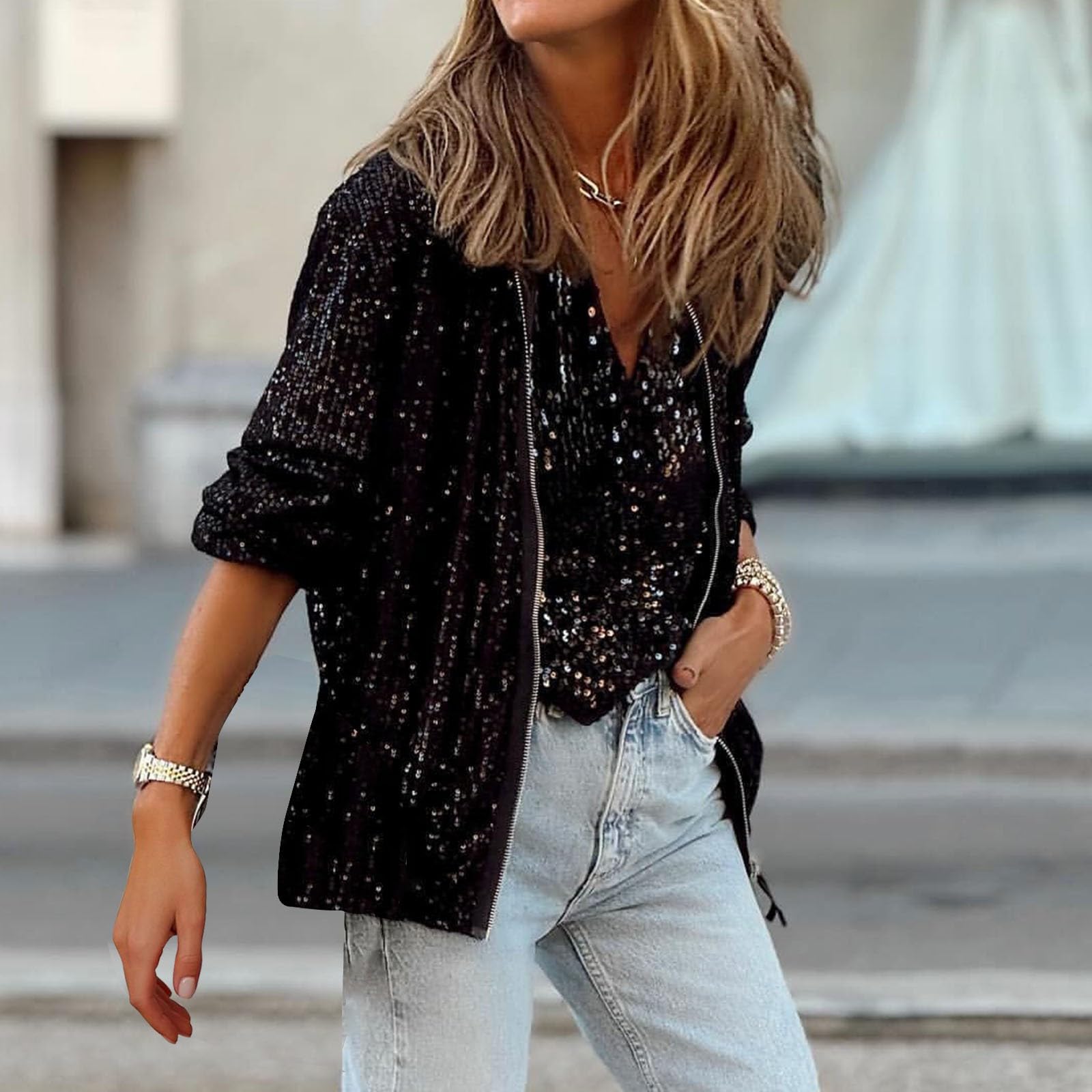DDAPJ Women's Sequin Bomber Jacket - Sparkly Party & Clubwear