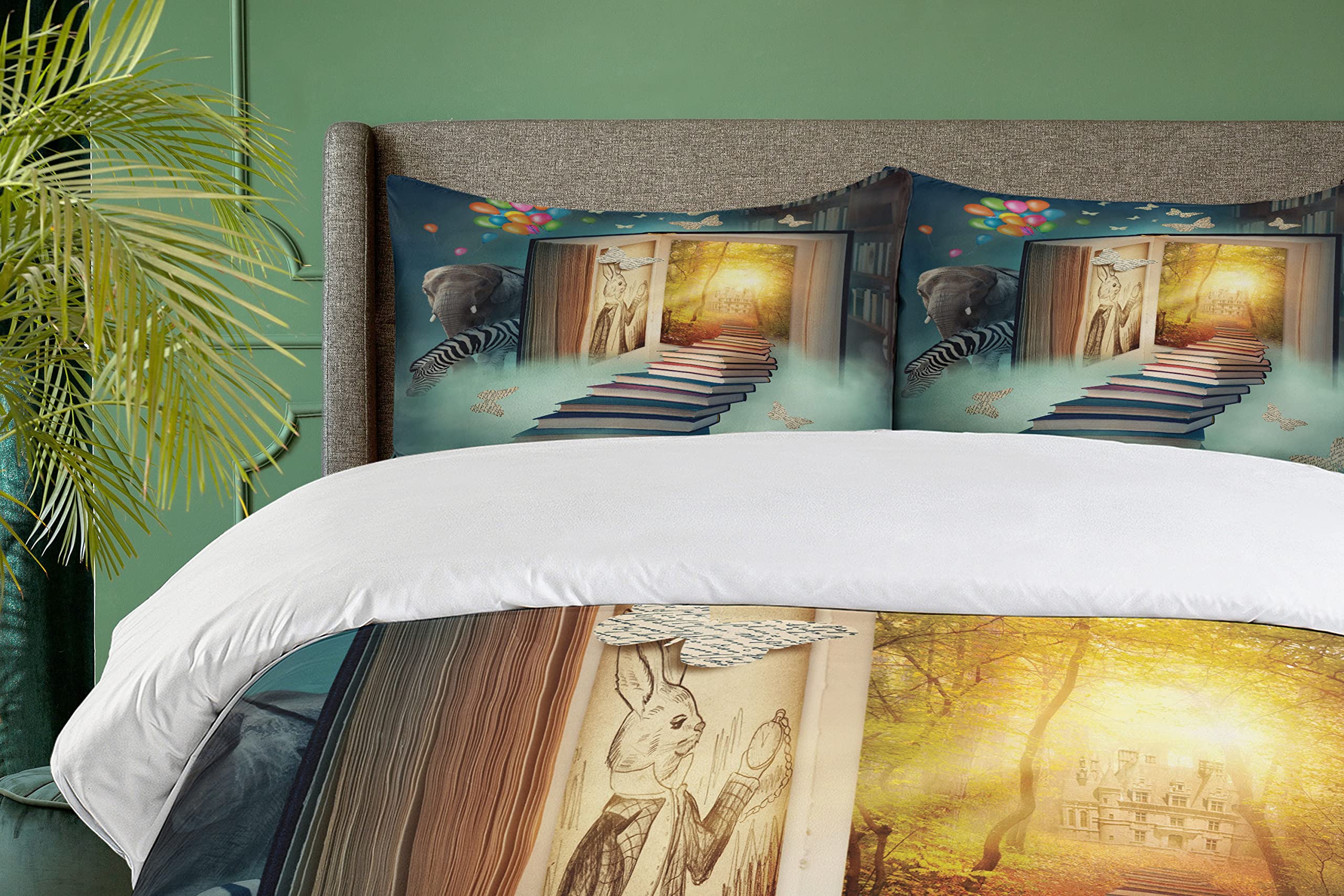 Ambesonne Fantasy Duvet Cover Set - Magic Book Forest with Balloon, Zebra, Elephant & Butterflies | 3-Piece California King Bedding Set in Teal & Yellow | Perfect for Kids' Rooms, Nursery Decor & Whimsical Bedroom Themes