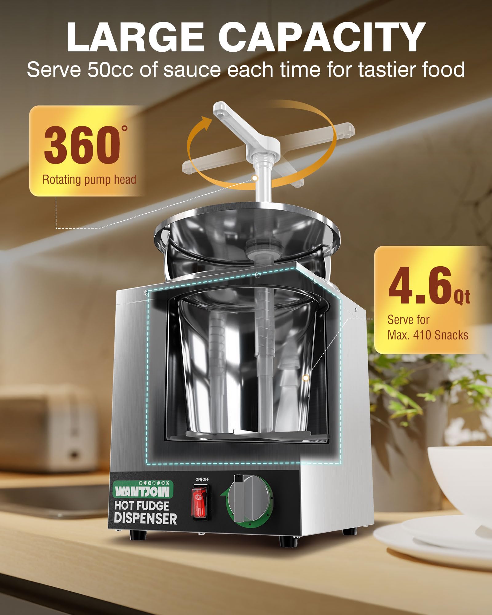 Stainless Steel Nacho Cheese Dispenser with Pump - 4.6Qt Electric Cheese Warmer with 5-Level Temperature Control - Perfect for Hot Fudge, Caramel & Cheese Sauce - Ideal for Movie Nights, Parties & Restaurant Use