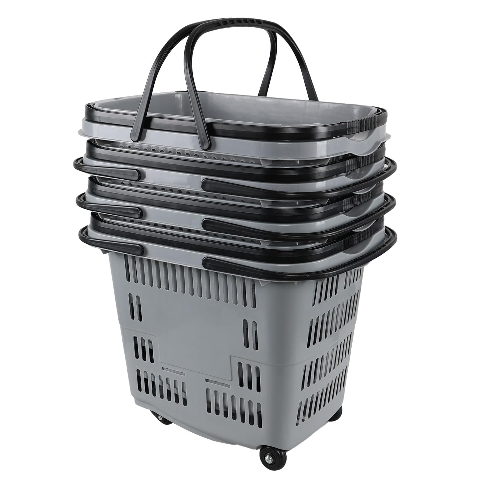 Kekow 50L Large Rolling Shopping Basket with Wheels & Handle - 4 Pack Gray Plastic Storage Cart - Perfect for Grocery Stores, Retail Shopping, Warehouse Organization & Home Storage