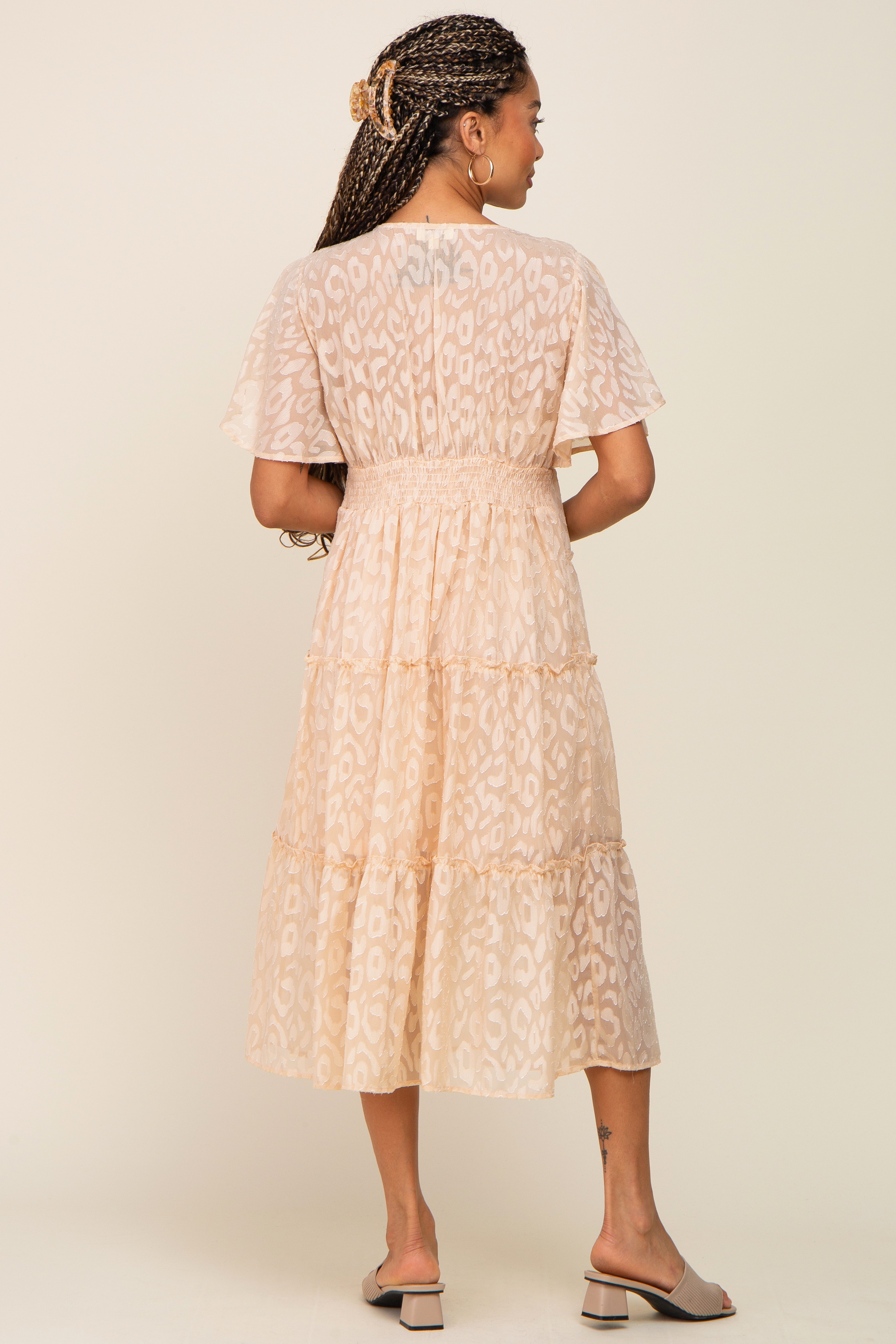 Beige Chiffon Animal Print Tiered Midi Dress for Women - Elegant Flowy Summer Dress with Boho Style - Perfect for Beach Vacations, Date Nights & Outdoor Parties