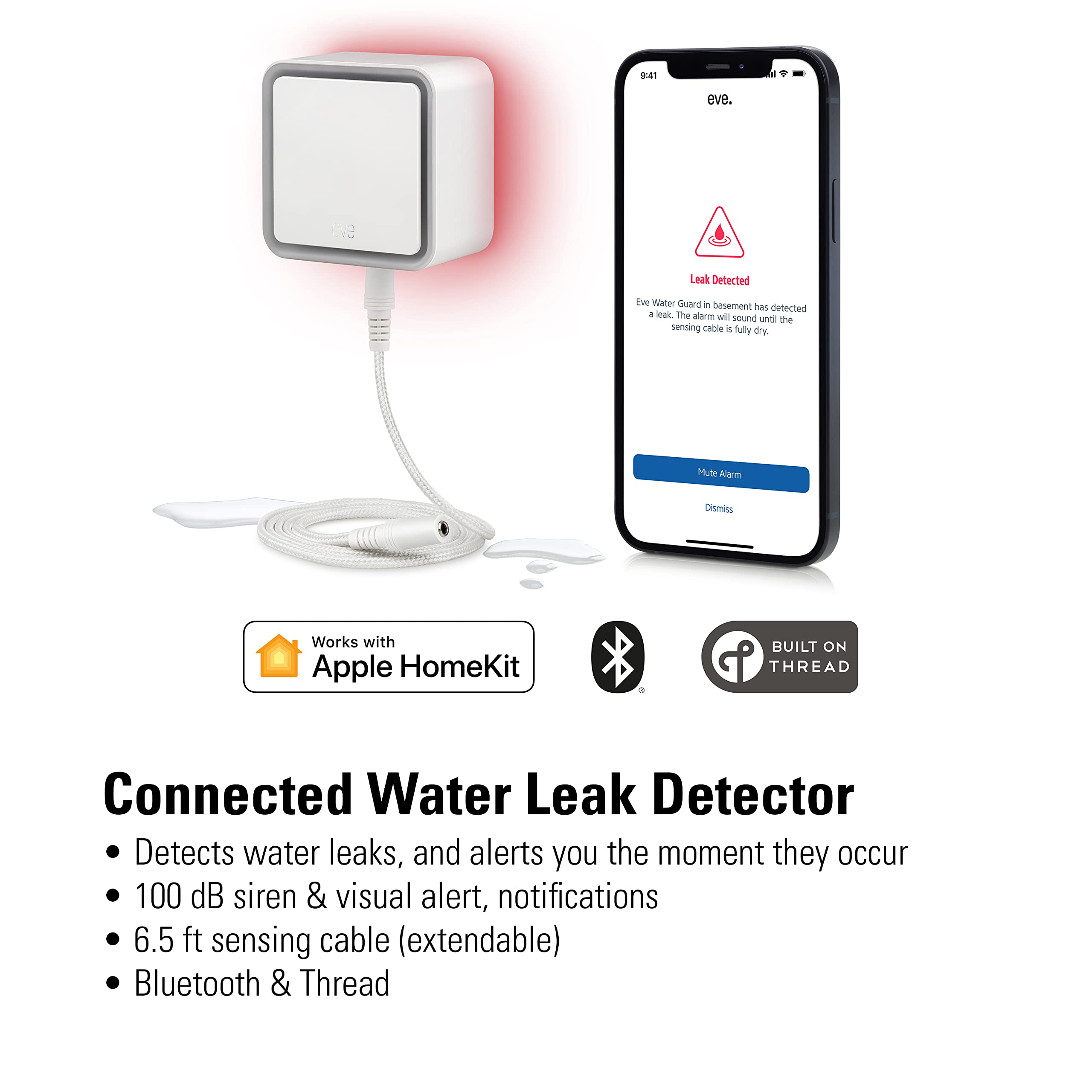 Eve Water Guard - Smart Home Water Leak Detector with 6.5 ft Sensing Cable, 100 dB Alarm, Apple HomeKit & Bluetooth Connectivity, Real-Time App Alerts | Prevent Flood Damage for Basement, Kitchen & Laundry Rooms