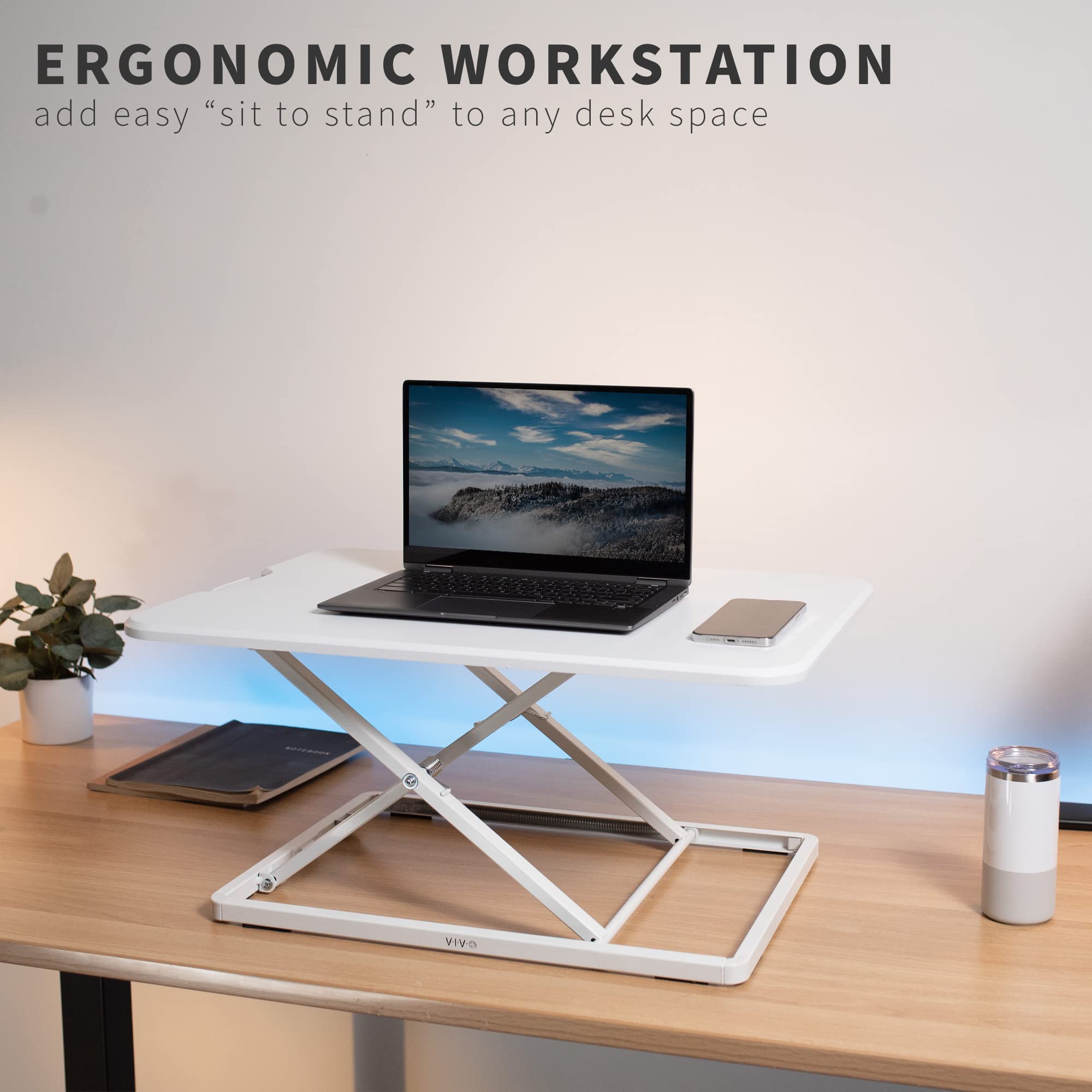 VIVO Ultra-Slim Single Monitor Stand Up Desk Riser - Height Adjustable Sit to Stand Workstation for Laptop & Computer - Compact Ergonomic Home Office Desk Converter - White (DESK-V001JW) - Perfect for Remote Work, Gaming & Study Setup