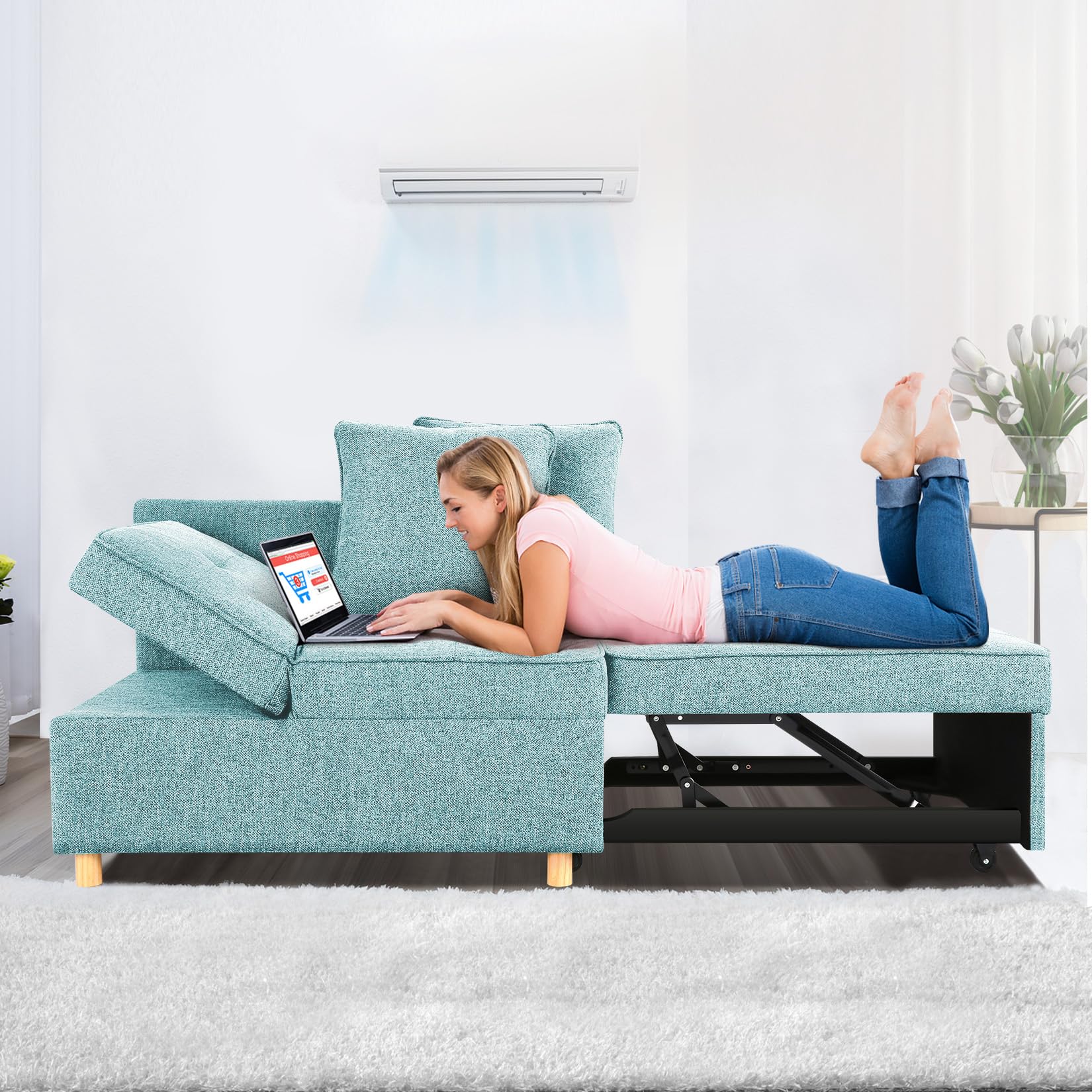 SEJOV 4-in-1 Convertible Sleeper Sofa Bed with Ottoman - Modern Blue Futon Couch with Adjustable Backrest, Armrests & 2 Pillows - Foldable Loveseat for Small Spaces, Apartments, Dorm Rooms & Home Offices - Perfect for Guest Sleeping, Lounging & Space Saving
