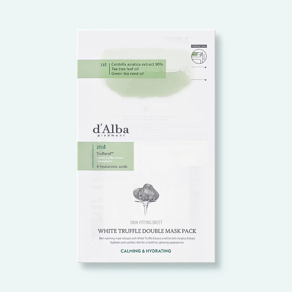 d'Alba White Truffle Double Mask Pack - Soothing & Hydrating Facial Sheet Mask Set (32.5g) for Dry, Sensitive Skin | Korean Skincare Routine, Spa Night, Self-Care Gift