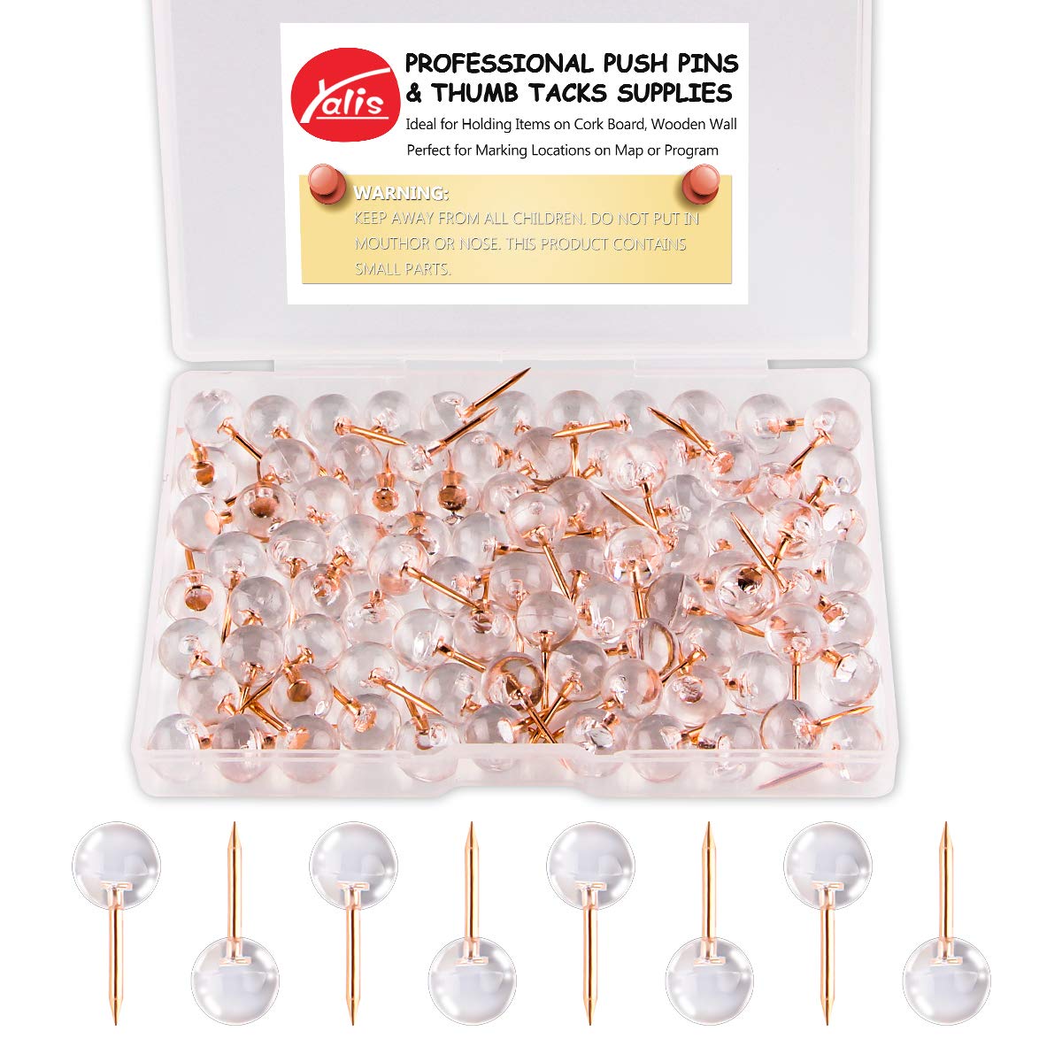 Yalis Push Pins - 100-Pack 1/3 Inch Rose Gold Map Tacks with Steel Point & Clear Plastic Round Head | Large Size Bulletin Board Pins for Office, Home, School & Corkboard Organization