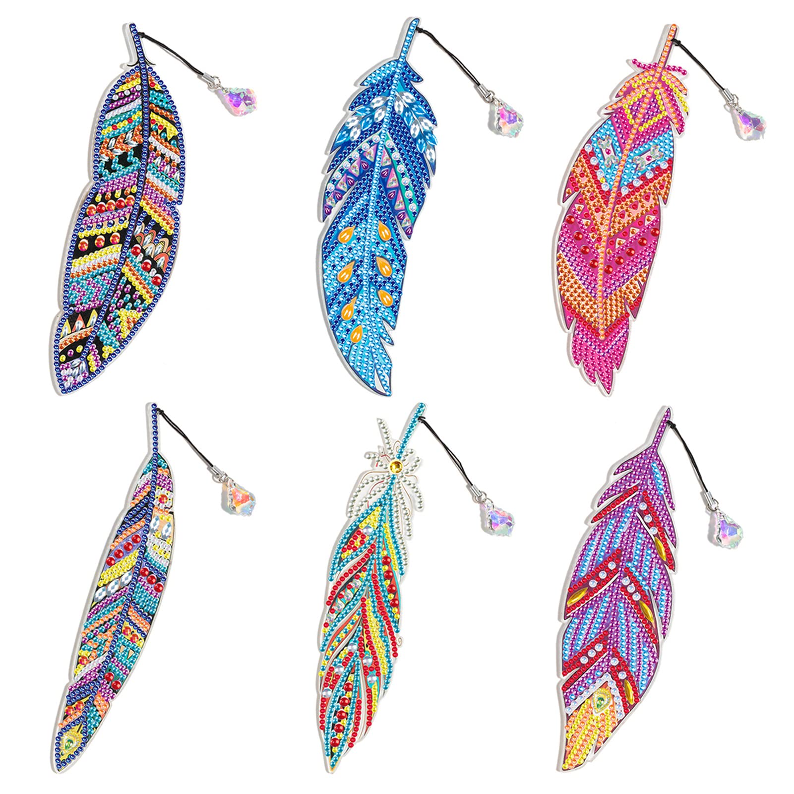6 Pack DIY Diamond Painting Bookmarks Kit - Acrylic Resin Rhinestone Feather Bookmarks with Tassel for Reading & Crafts | Perfect Gift for Book Lovers, Arts & Crafts Enthusiasts | Great for Book Clubs, Reading Accessories & Creative DIY Projects