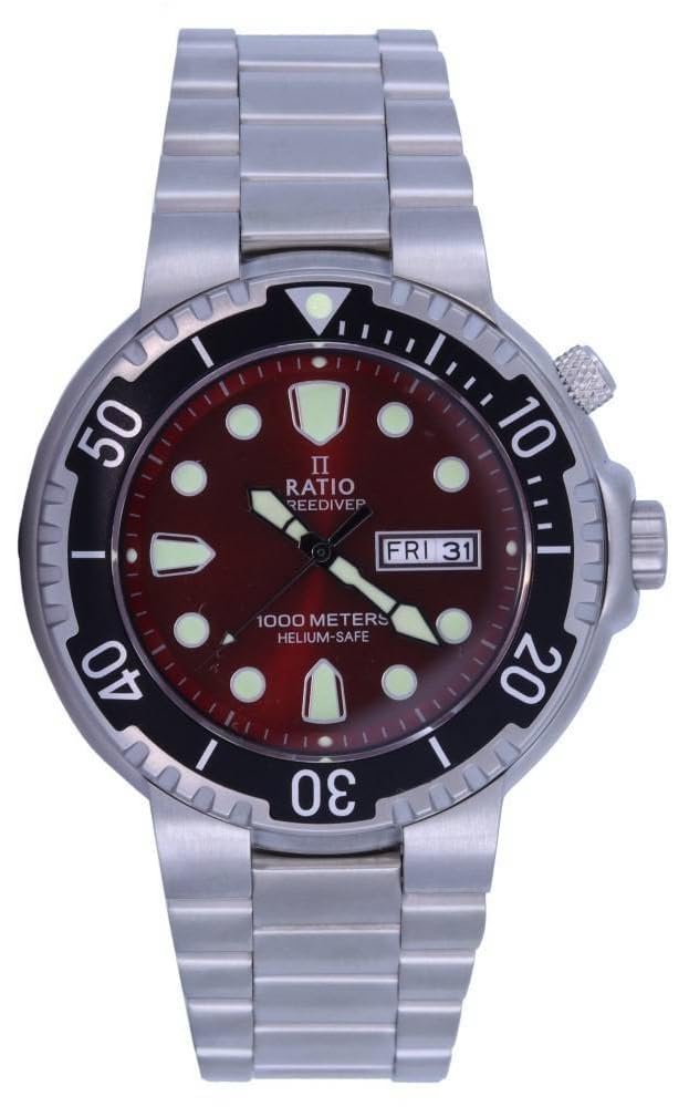 **RATIO FreeDiver Men's 1000M Water Resistant Stainless Steel Quartz Dive Watch with Sapphire Crystal - Red | Professional Scuba Diving, Snorkeling & Water Sports**