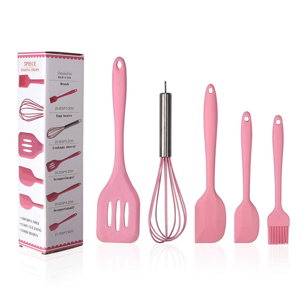 5-Piece Silicone Kitchen Utensil Set - Heat Resistant Nonstick Cooking Tools with Spatula, Spoon & Brush for Baking, Frying & Sauteing - Perfect Gift for Home Chefs (Pink)