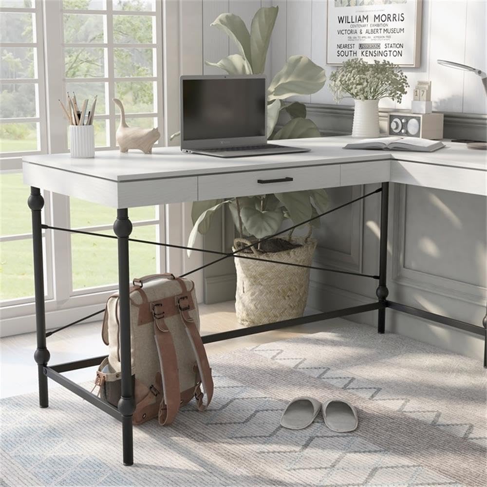 Antique White L-Shaped Wooden Desk by Furniture of America - Home Office Desk with Storage Shelf, Perfect for Small Spaces & Workstations