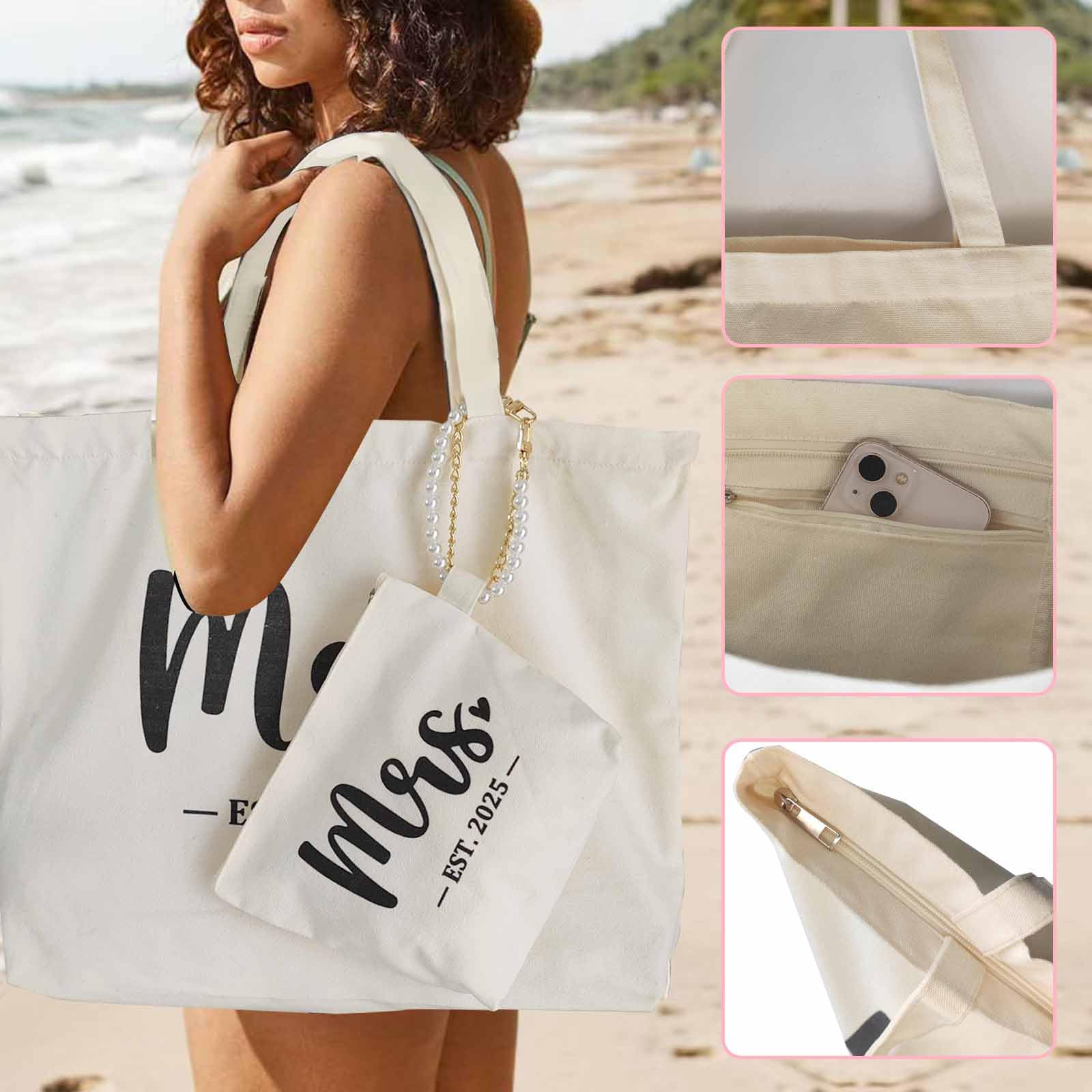 Elegant Mrs Bag - Perfect Bridal Shower Gift for Bride, Bachelorette & Wedding with Zip Pocket | Ideal for Honeymoon, Bridal Party & Wedding Day Essentials