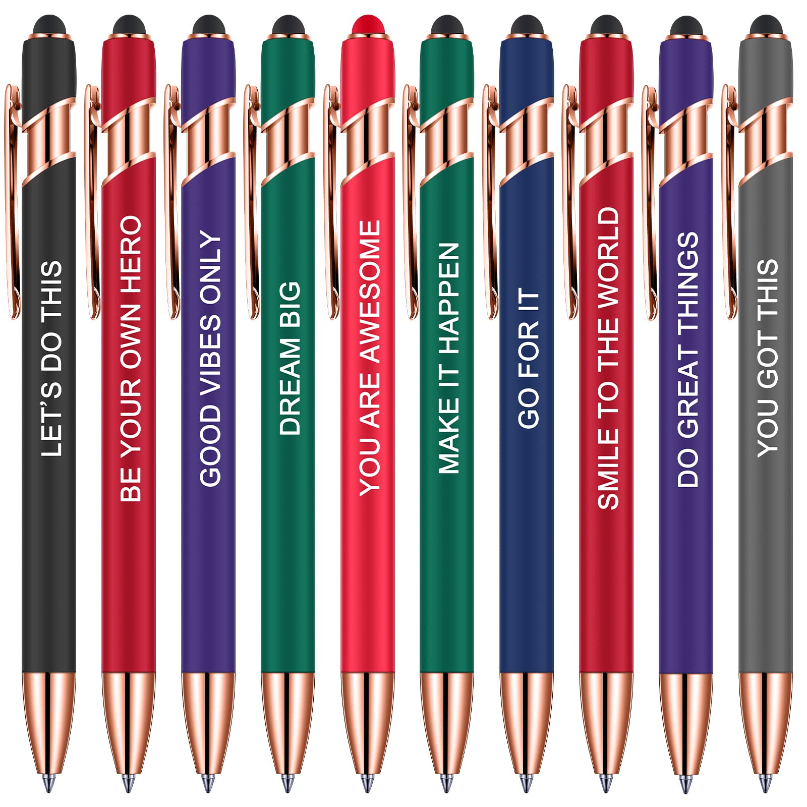 10-Pack Inspirational Quote Ballpoint Pens with Touch Screen Stylus - Black Ink, Bright Colors - Motivational & Snarky Sayings for Office, School, or Daily Journaling