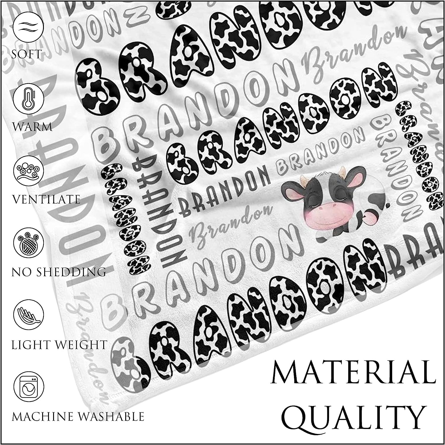 Personalized Cow Print Fleece Blanket with Name - Custom Baby Blanket for Girls & Boys, 40