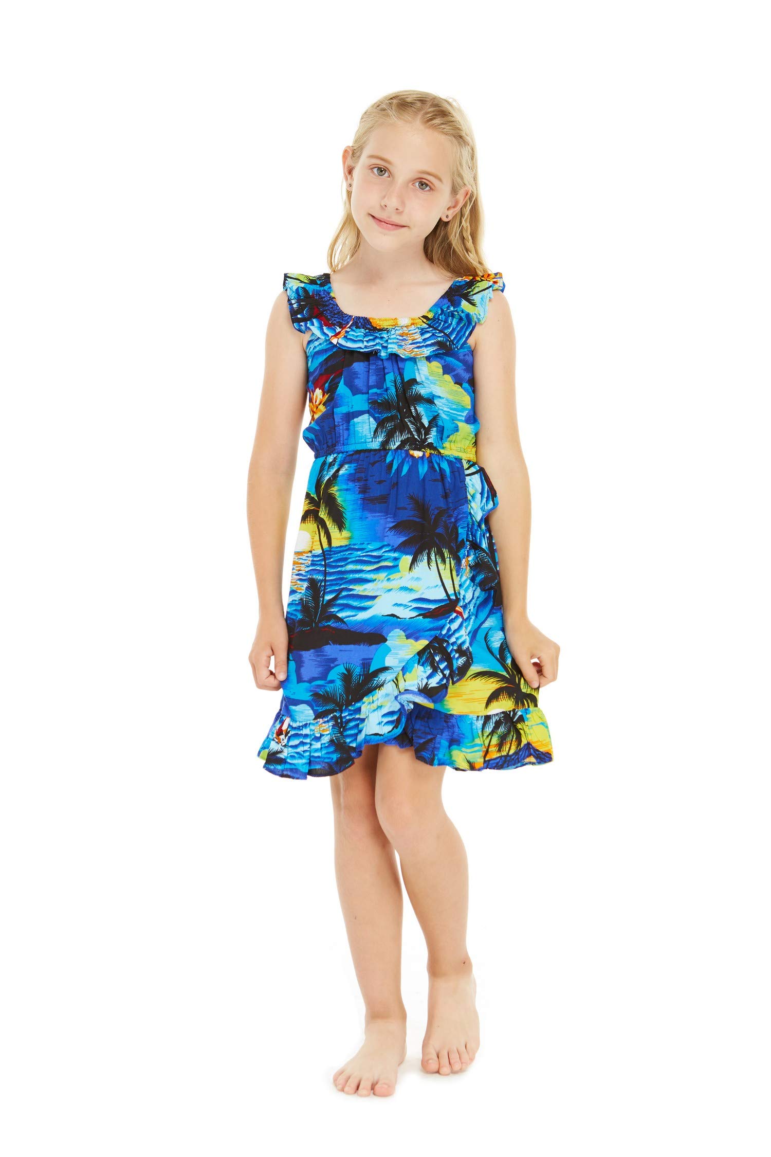 Sunset Hawaiian Luau Dress with Ruffle Wrap for Girls | Beach Party & Vacation