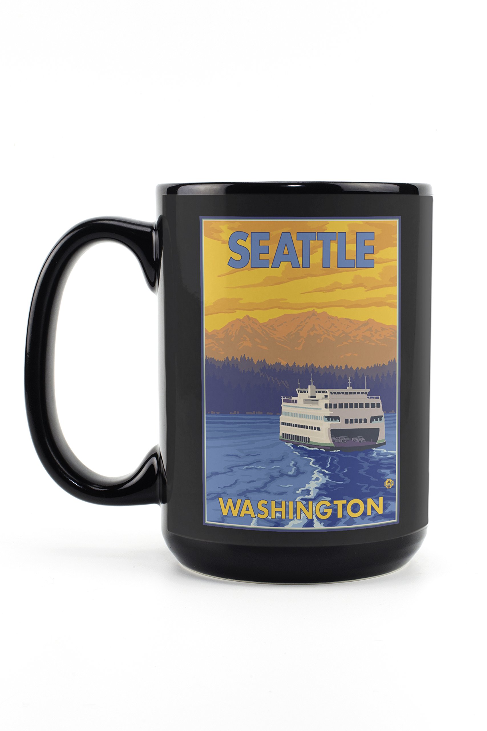 Lantern Press Seattle Washington Ferry and Mountains 15oz Black Ceramic Coffee Mug - Microwave & Dishwasher Safe - Perfect for Home, Office, Travel and Gift Giving